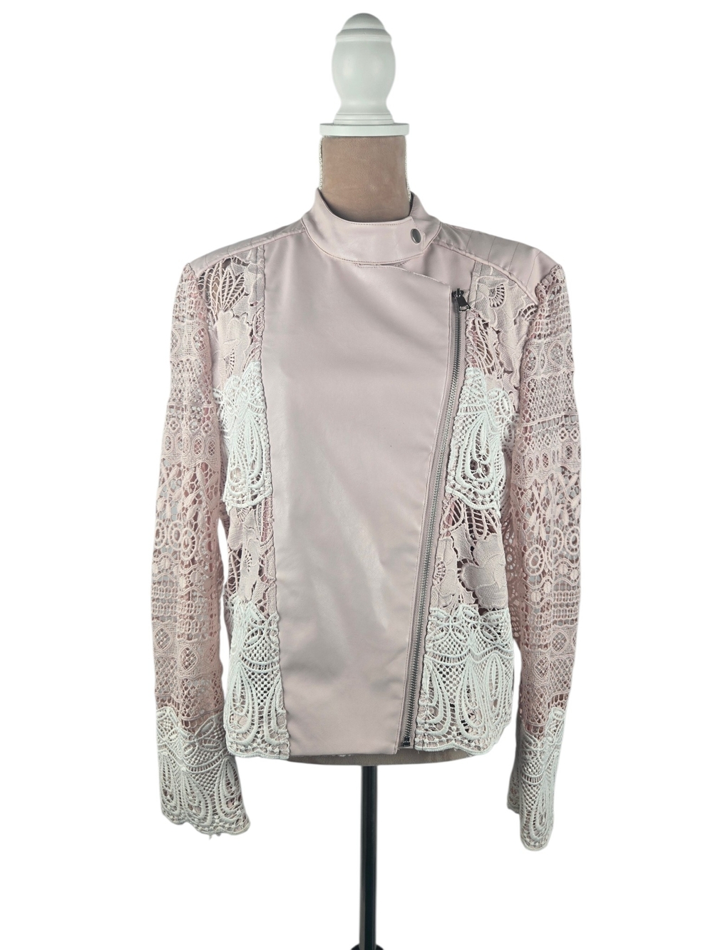 Bagatelle Collection Lace Panel Faux Leather Moto Jacket in Blush Size XL